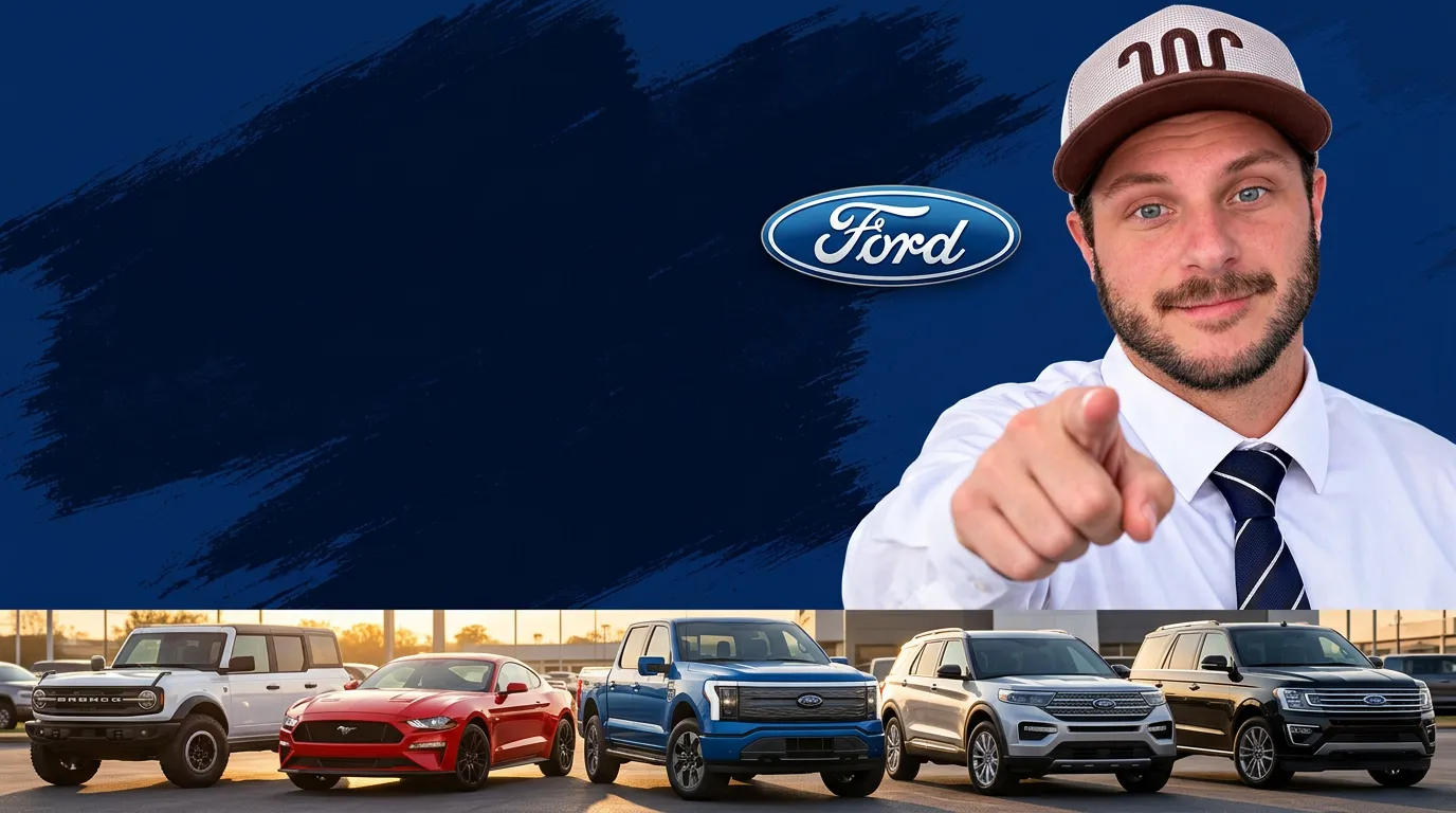 AJ Shears pointing at the camera in front of a lineup of Ford trucks and SUVs